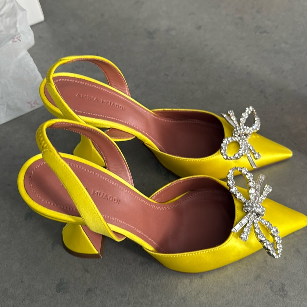 Amina Muaddi Yellow Satin Rosie Slingback Heels 95mm - Picture 3 of 11